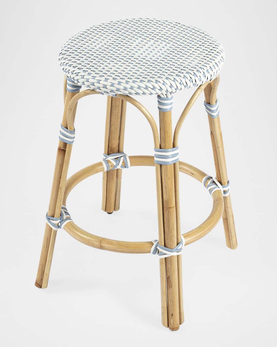 Tobias 24" Rattan Counter Stool, White/Sky Blue Dot
